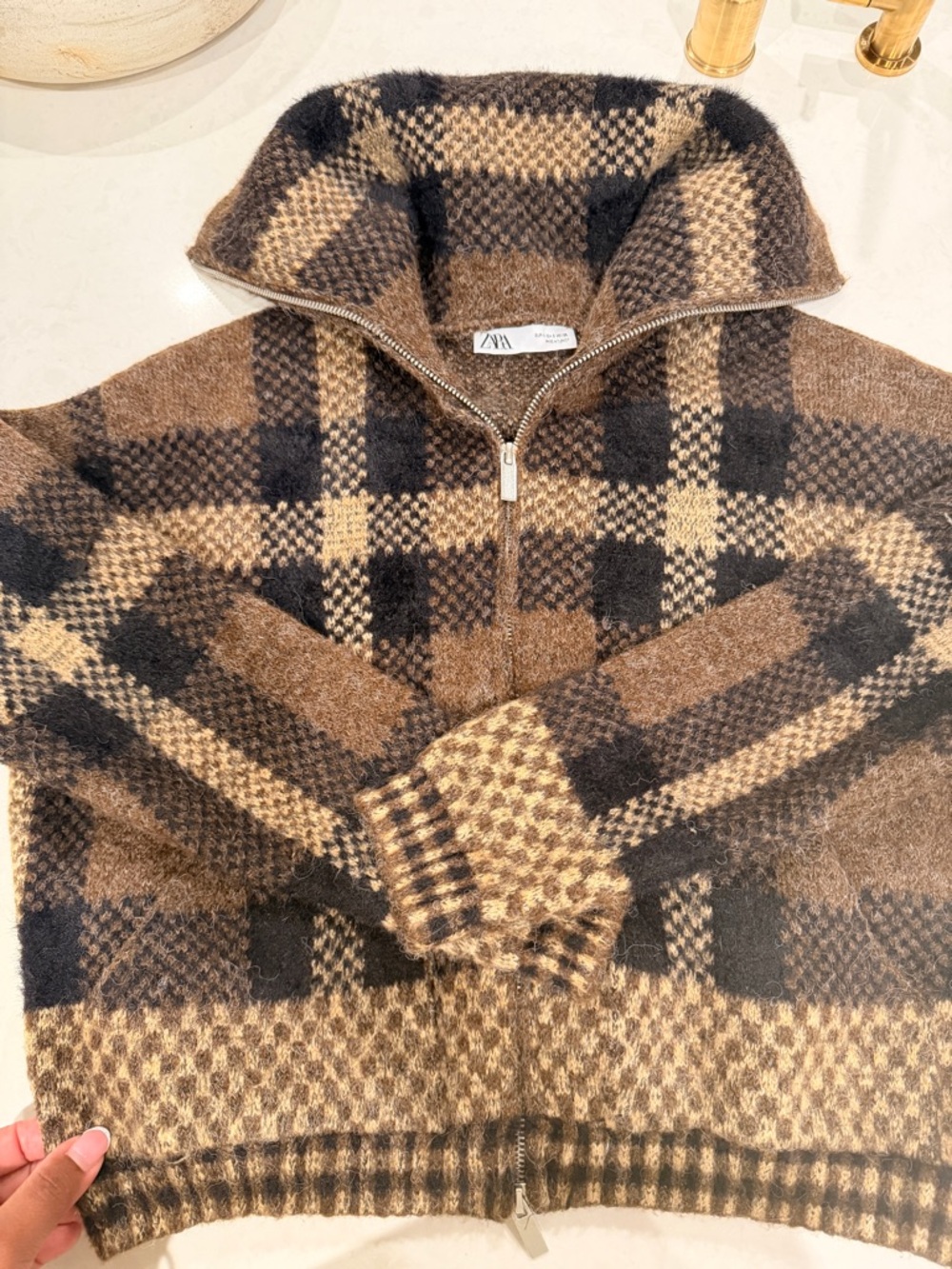 Zara Brown Plaid Knit Bomber 2-Way FULL Zip-Up Jacket - Picture 4 of 8